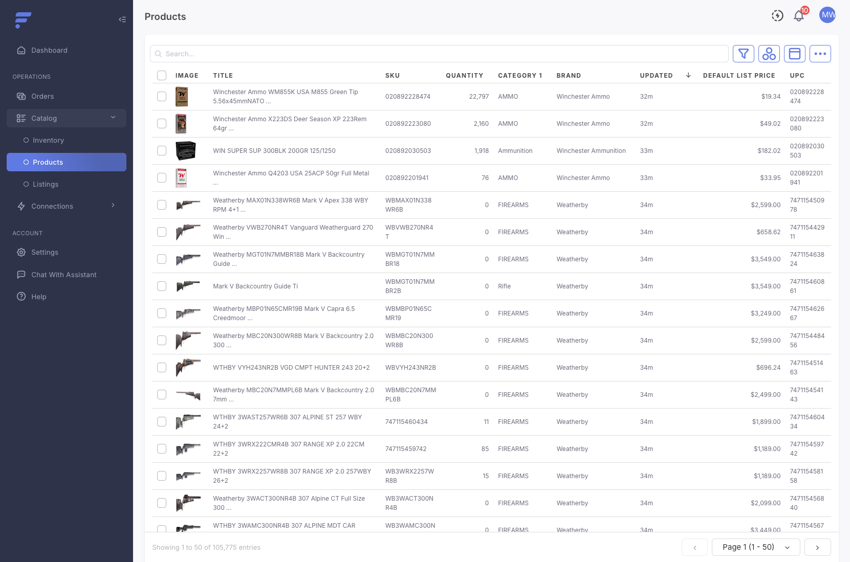 The Flxpoint product catalog with supplier stock, brands and list prices
